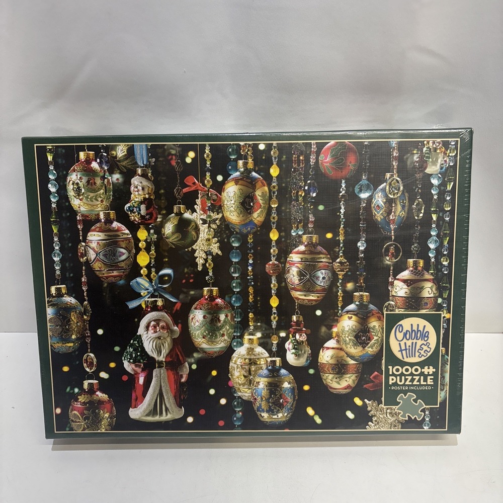 VTG Cobble Hill 1000 Piece Puzzle Christmas Ornaments Santa sealed W/poster